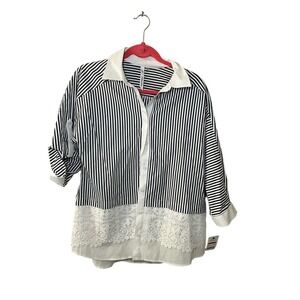 NY Collection‎ Shirt Women's Large White Striped Lace Cotton Stretch Button-Up
